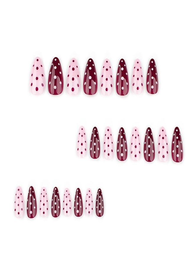 OSTTMA 24Pcs Polka Dot Press on Nails Medium Almond Fake Nails Wine Red Pink Acrylic Nail with Cute Polka Dots Designs Reusable Artificial False Nails Stick on Nail for Women DIY Manicure Tips - Image 4